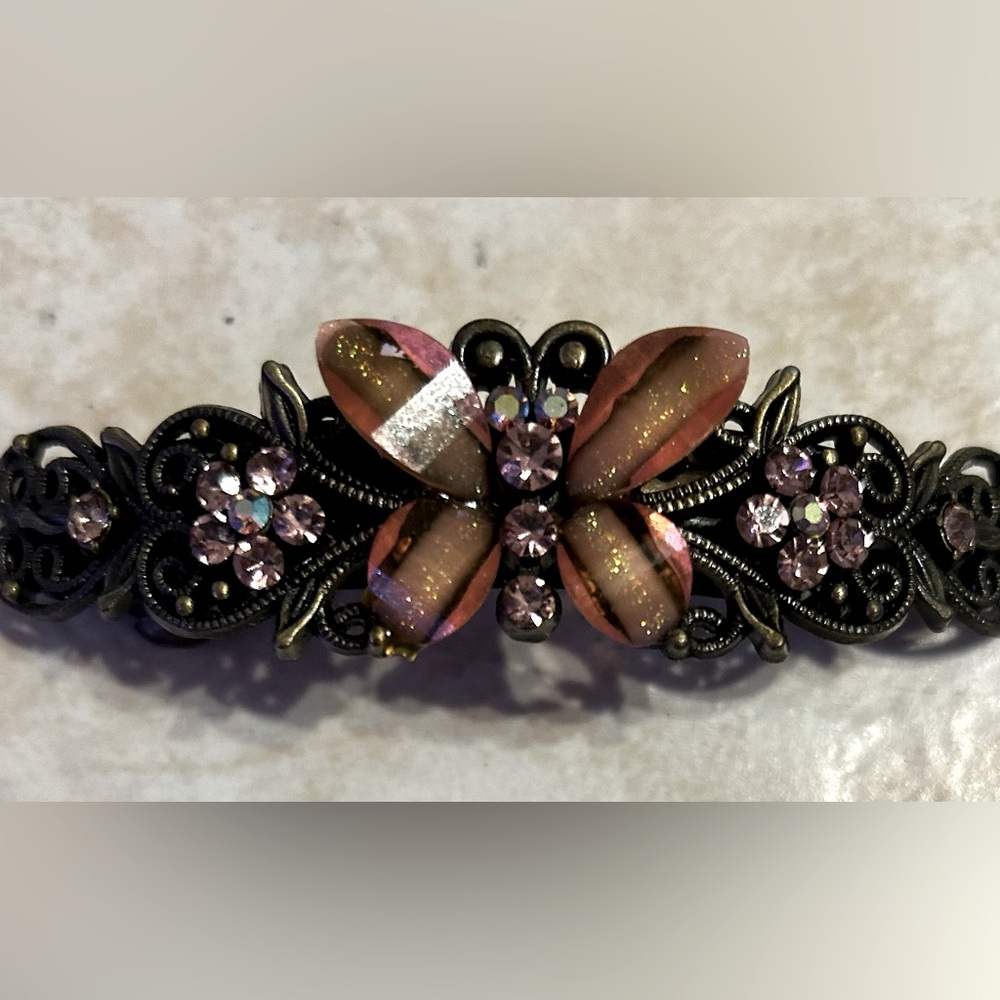 Vintage Butterfly Rhinestone Bronze Hair Clip. 4 inches long. Like New